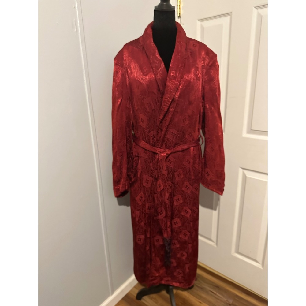 Vintage Red Jacquard Shawl Collar Robe Long Dressing Gown with Belt